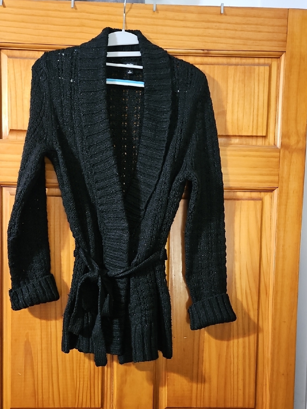 Beautiful Black Shimmery Shawl Collar Belted Cardigan